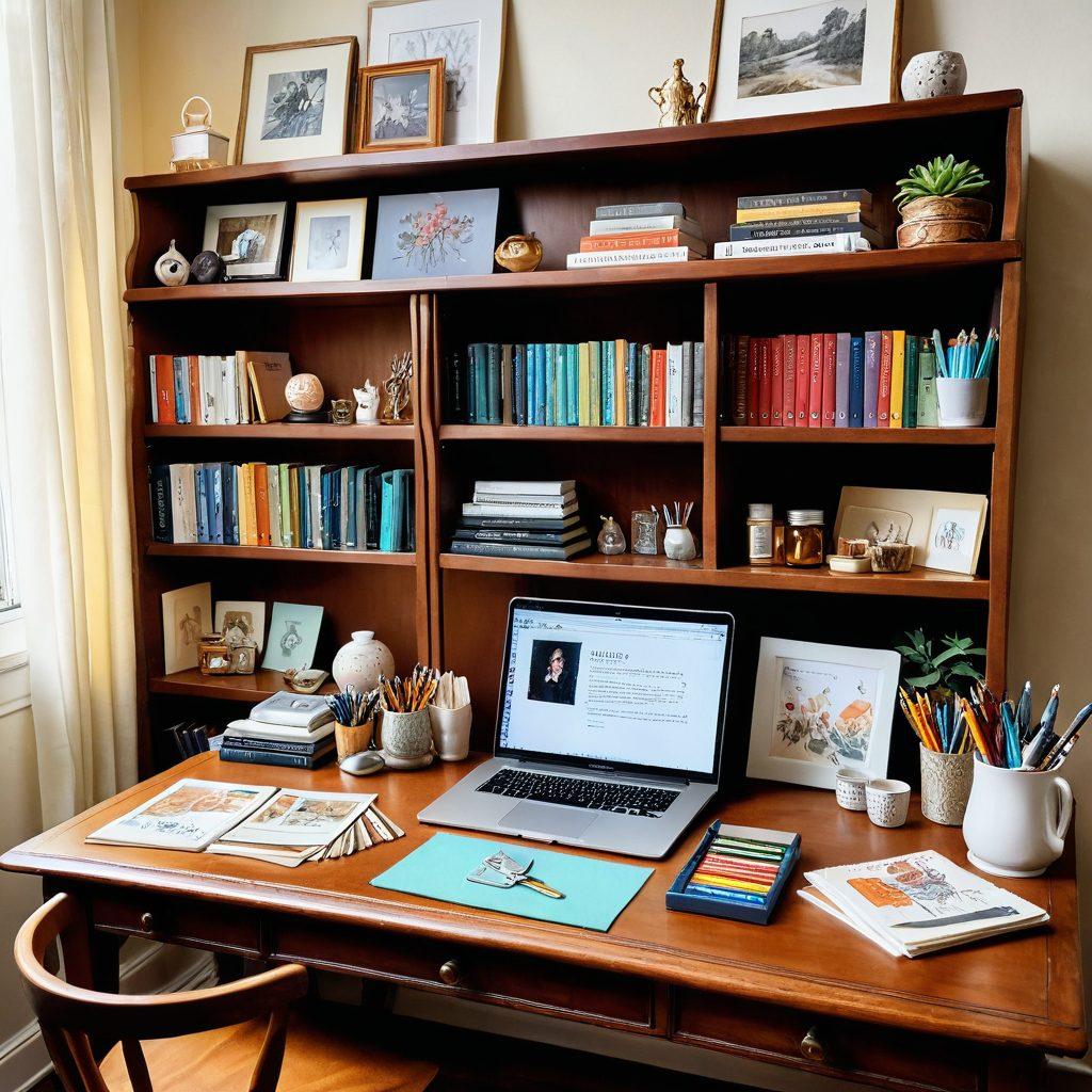 A cozy room filled with hobbyist items: a vintage wooden desk with craft supplies, a shelf with neatly organized collectibles, a laptop showcasing a charming database, and a background and foreground elements of artistic tools. Soft lighting and warm tones create an inviting atmosphere. watercolor painting. vibrant colors. warm tones.