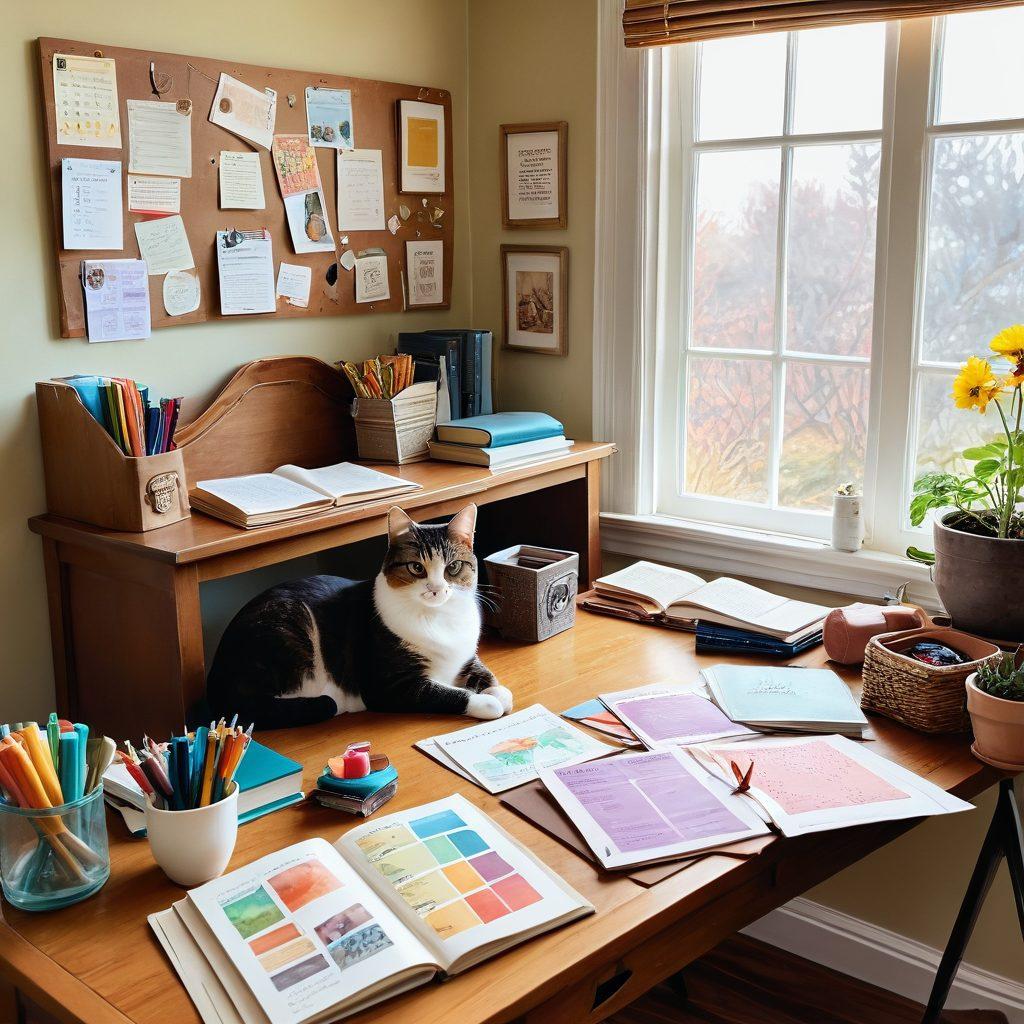 A cozy study room with a wooden desk cluttered with colorful crafting supplies, books labeled 'Hobbies,' and a bulletin board filled with various lists and notes. A light pouring through a window illuminates the space, creating a warm, inviting atmosphere. A gentle cat sits on the desk curiously looking at the crafts. watercolor style. vibrant colors.